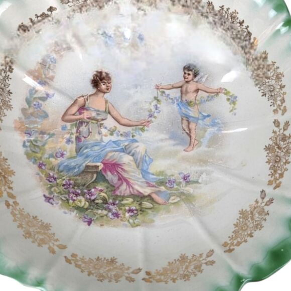 Vintage Dresden Porcelain Bowl: Woman and Angel Motif, Green & Gold Trim - Picture 7 of 7